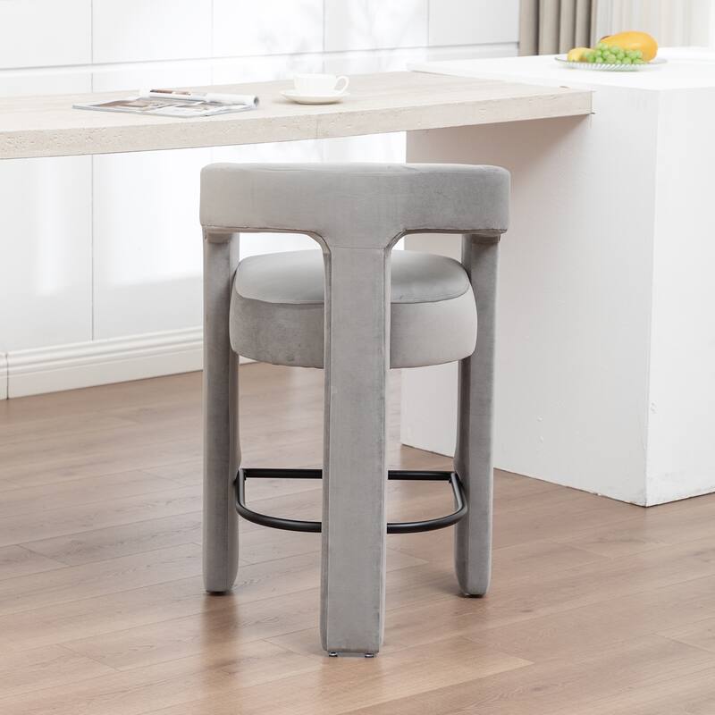 SEYNAR Modern Velvet 34.6''H Fixed Height Open-Back Bar Stool with Metal Footrest