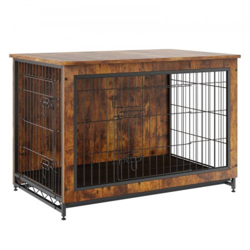 Rustic Brown Wooden Dog Crate, Dual-Door Pet Kennel, Table Style with Cushion - 38.6” L × 25.6” W × 26.8” H - Rustic Brown