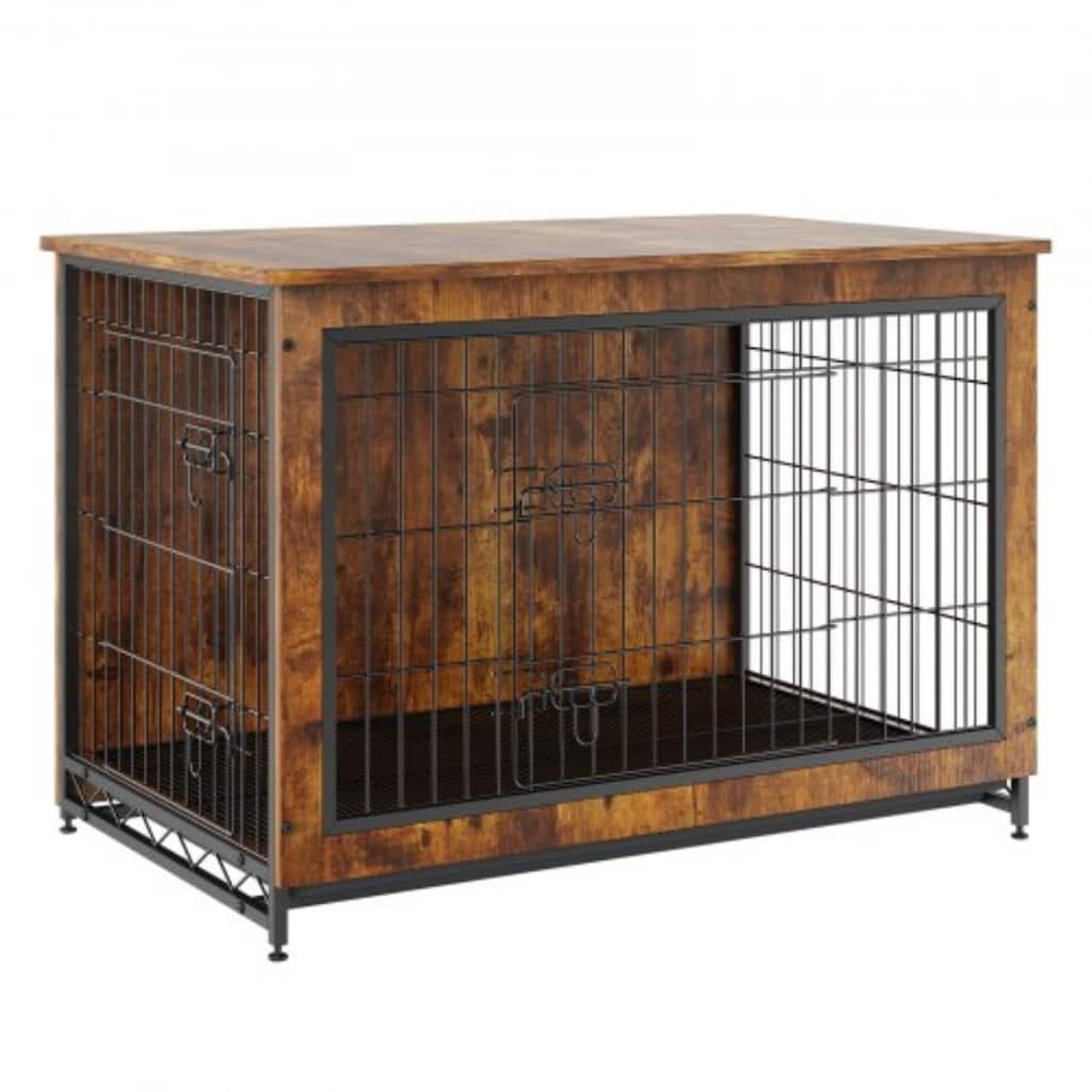Rustic Brown Wooden Dog Crate, Dual-Door Pet Kennel, Table Style with Cushion - 38.6” L × 25.6” W × 26.8” H