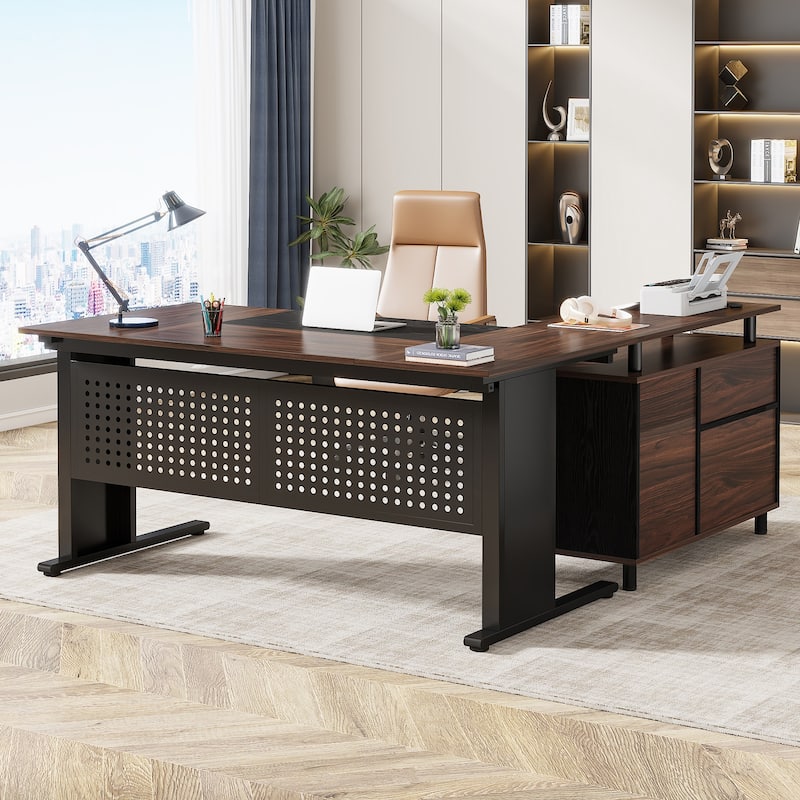 63 Inch Executive Desk with File Cabinet, L Shaped Desk with Drawers and Shelves for Home Office