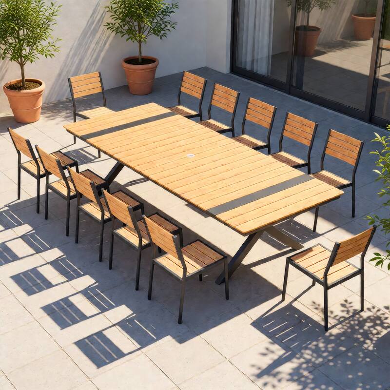 11/13-Piece Outdoor Aluminum Dining Table Set Rectangular Table with Umbrella Hole and Stackable Chairs