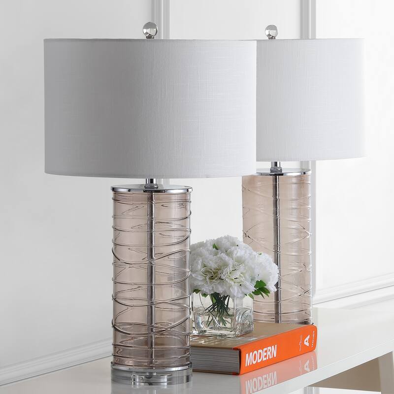 Coco 27.5" Modern Fused Glass Cylinder LED Table Lamp, Turquoise (Set of 2) by JONATHAN Y