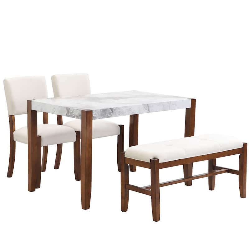 4 Piece Modern Dining Furniture Set Upholstered Dining Chairs Set with Faux Marble Style Table and 2 Upholstered Chairs & Bench