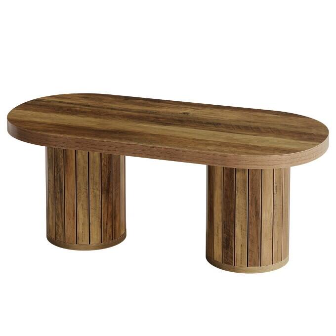 47" Wooden Oval Coffee Table With Slatted Cylindrical Legs