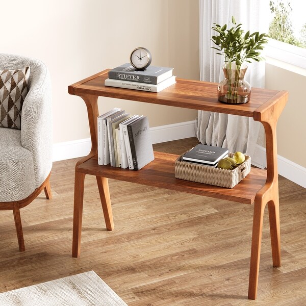 Solid Wood End Table 2-Tier Narrow Side Table Industrial Accent
