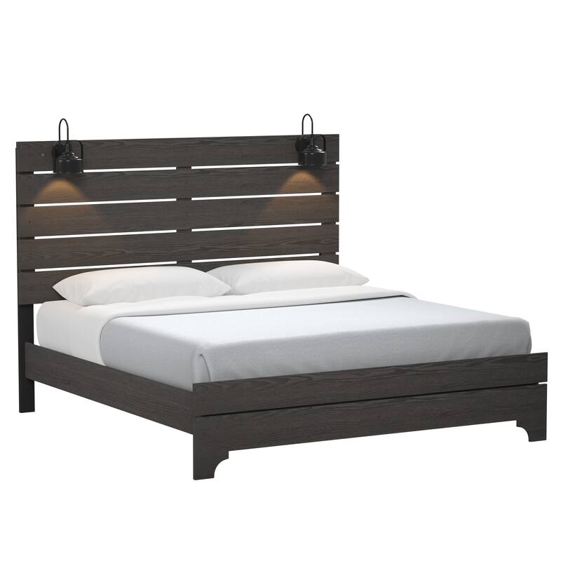Farmhouse Queen Platform Bed in Stone Brown with Built-In LED Lighting and High Headboard, Easy Assembly - Queen Brown - Queen