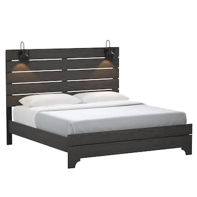 Queen Size Engineered Wood Modern Panel Bed with Built-In Lights