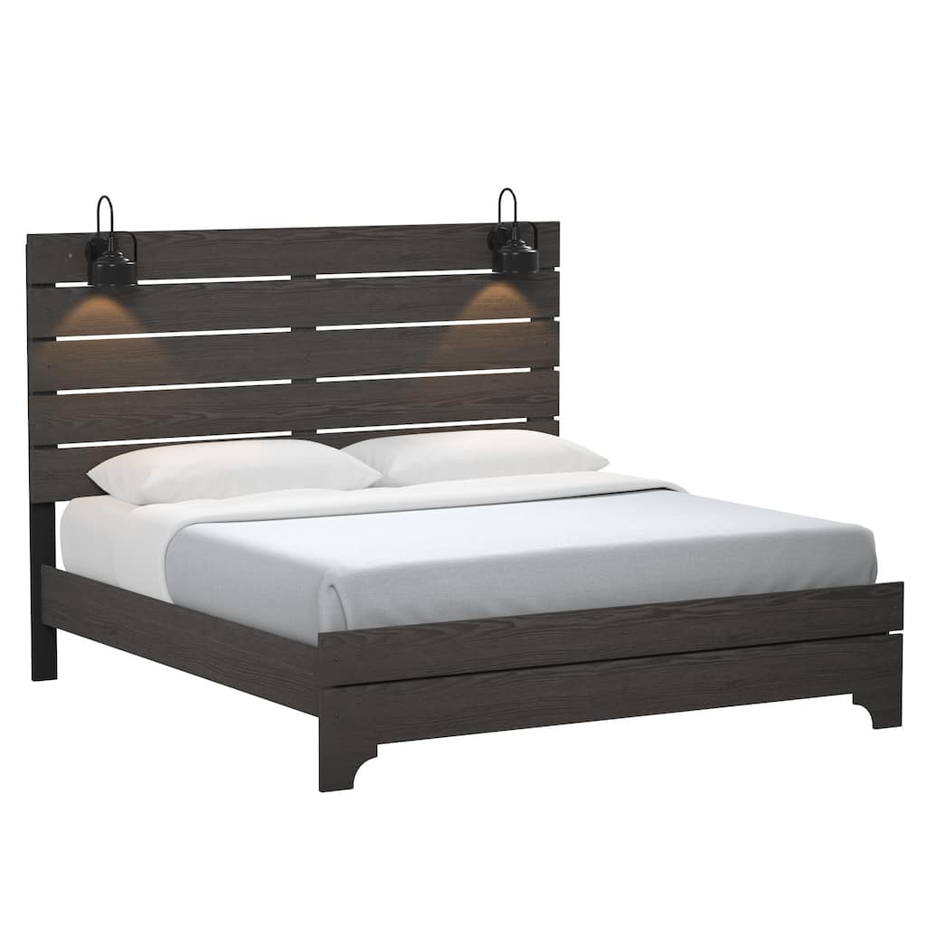 Queen Size Engineered Wood Modern Panel Bed with Built-In Lights