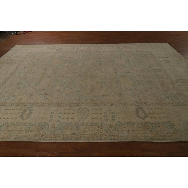Vegetable Dye Oushak Turkish Area Rug Hand-Knotted Beige Wool Carpet - 9'0" x 12'7"