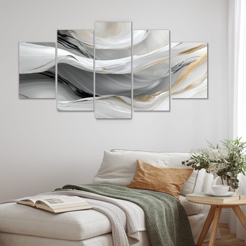 Designart - White Ripples Of Stone V - Abstract Modern Waves Canvas Wall Art Set - Oversized Modern Wall Decor