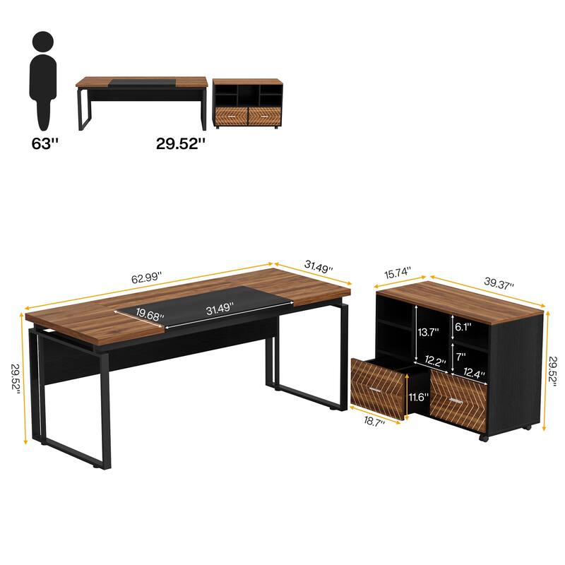 63" L-Shaped Executive Desk with Reversible File Cabinet Office Desk with Storage Drawers