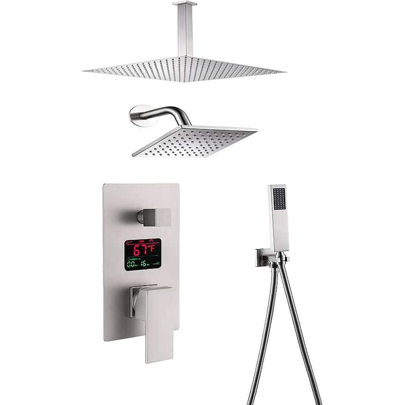 Brushed nickel ceiling mounted dual shower head 3 way digital display anti scald shower system - 7'6" x 10'9"