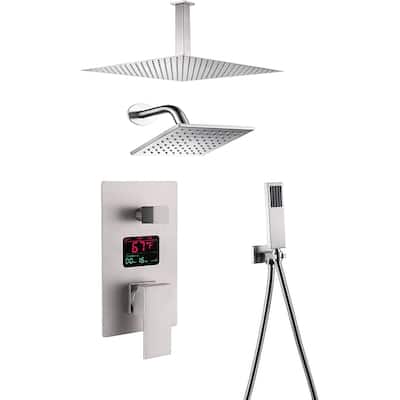 Brushed nickel ceiling mounted dual shower head 3 way digital display anti scald shower system - 7'6" x 10'9"
