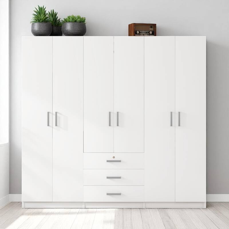 Modern 6-Door Wooden Wardrobe Armoire with Shelves, Drawers, and Locking Storage for Bedroom Use - White