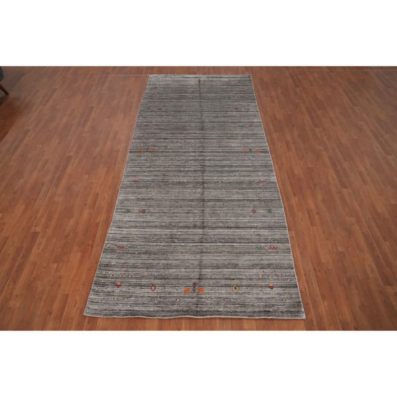 Hand Knotted Oriental Viscose Silk Carpet Tribal Animal Pictorial Greys & Charcoal Gabbeh Area Rug - 11' 8'' X 5' 0''