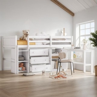 Multi-Functional Twin Size Low Loft Bed With Pull-Out Desk, Drawers, Cabinet, and Shelves, Superior Quality, Space-saving, White