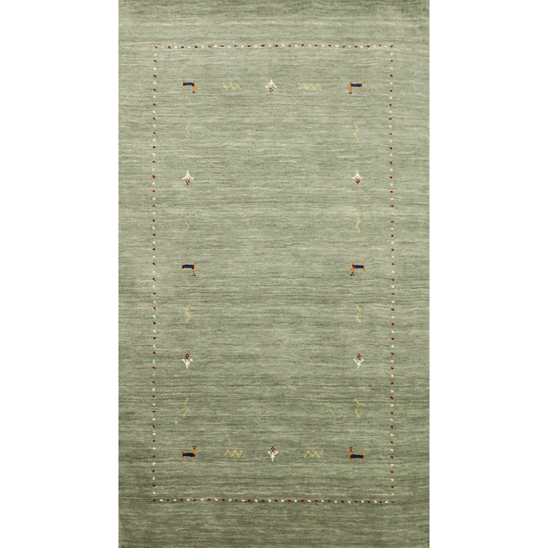 Hand Knotted Oriental 100% Wool Carpet Tribal Animal Pictorial Green Gabbeh Area Rug - 4' 11'' X 3' 0''