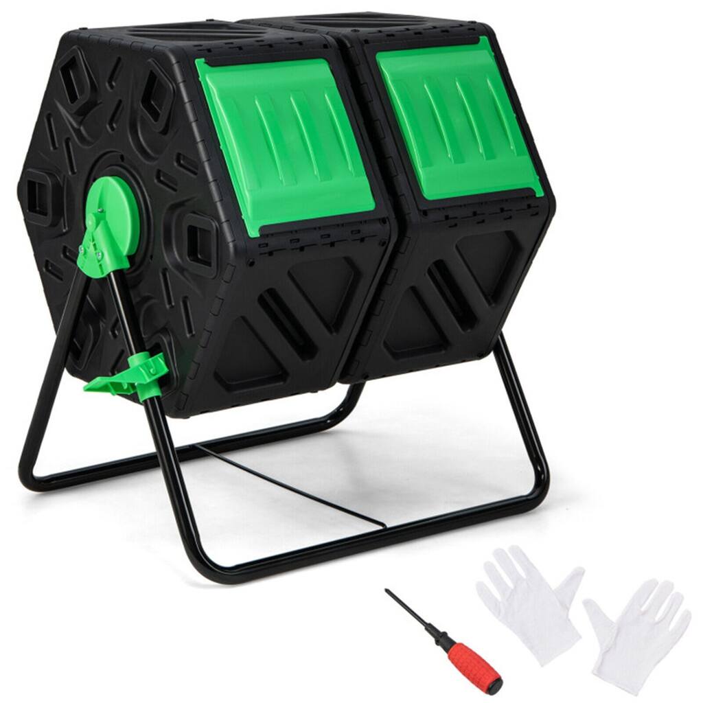 Dual-Chamber Rotating Compost Bin 34.5 Gallon Outdoor Garden Tumbler with Aeration System - 25.5" x 23.5" x 29"