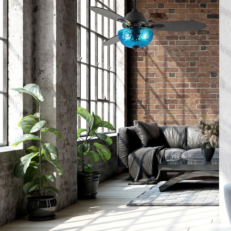 Maisie River of Goods 3-blade 42-inch Modern Indoor Ceiling Fan with Blue Hand-Cut Glass Globe Shade and Remote Control