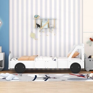 Twin Size Car-Shaped Platform Bed Frame w/ Wheels Creative Trundle Bed for Kids, Teens No Box Spring Needed, Easy Assembly