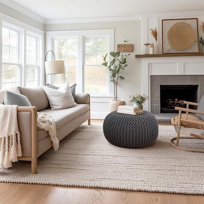 Hand Knitted Pouf Cotton Braided Cord Cable Ottoman - Foot Stool - Accent Seat Furniture Bean Bag - Living Room Kids - 18x18x14