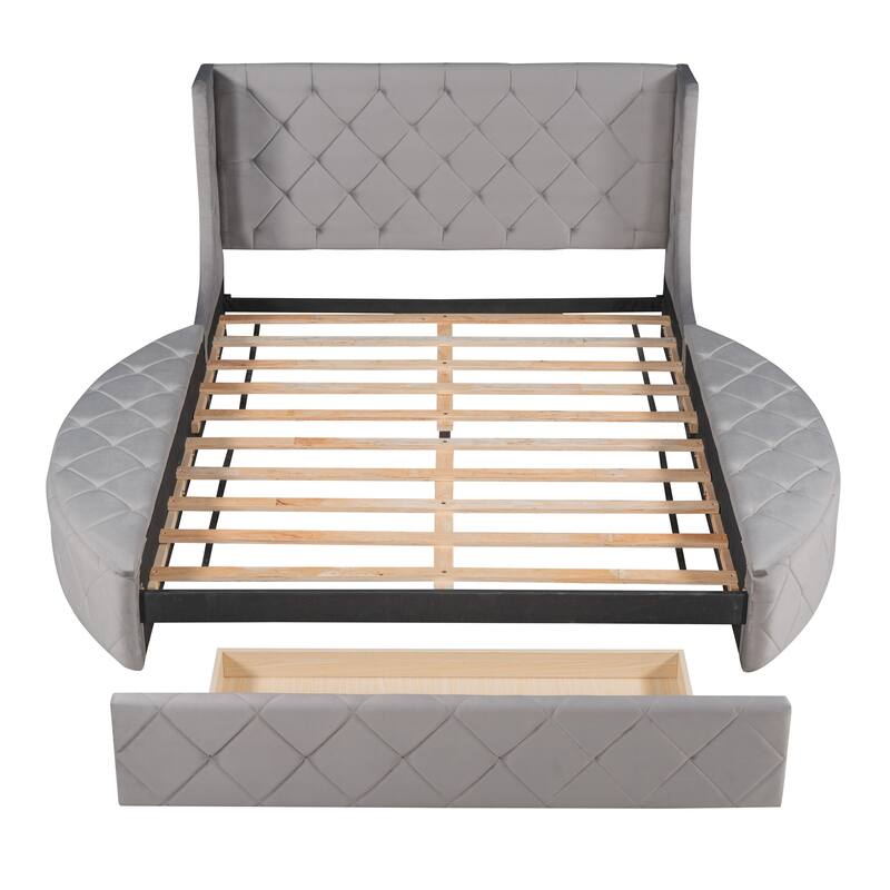 Velvet Queen Platform Bed with Wingback & Storage
