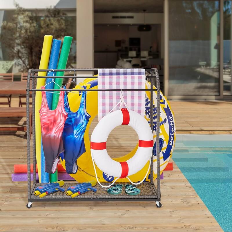 Pool Towel Rack Outdoor with Rattan 5 Bar Free Standing Poolside