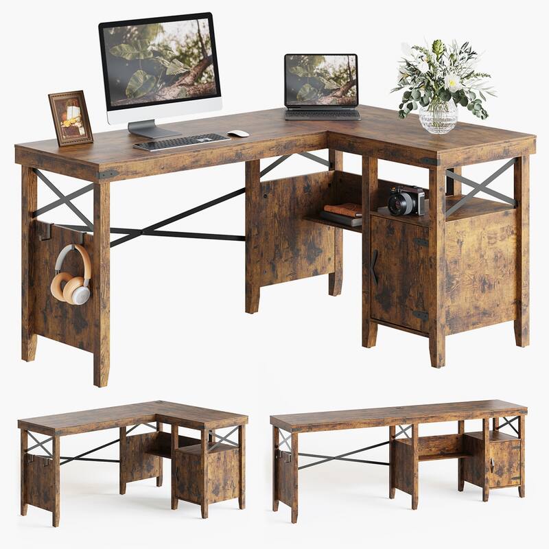Bestier 60 in. Farmhouse L-Shaped Computer Desk with Storage Cabinet and Bookshelf