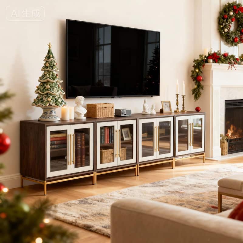 WAMPAT Modern TV Stand with Leather-Textured Doors - 4 Glass doors