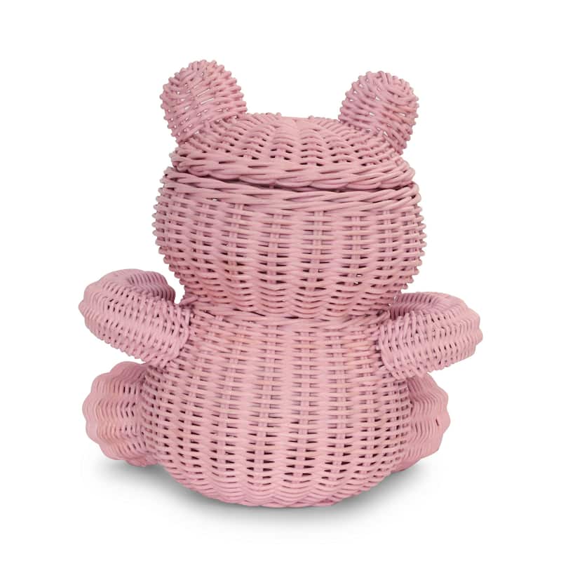 Pink Bear Rattan Storage Basket with Lid Decorative Home Decor Hand Woven Shelf Organizer Cute Handmade Handcrafted Gift Art