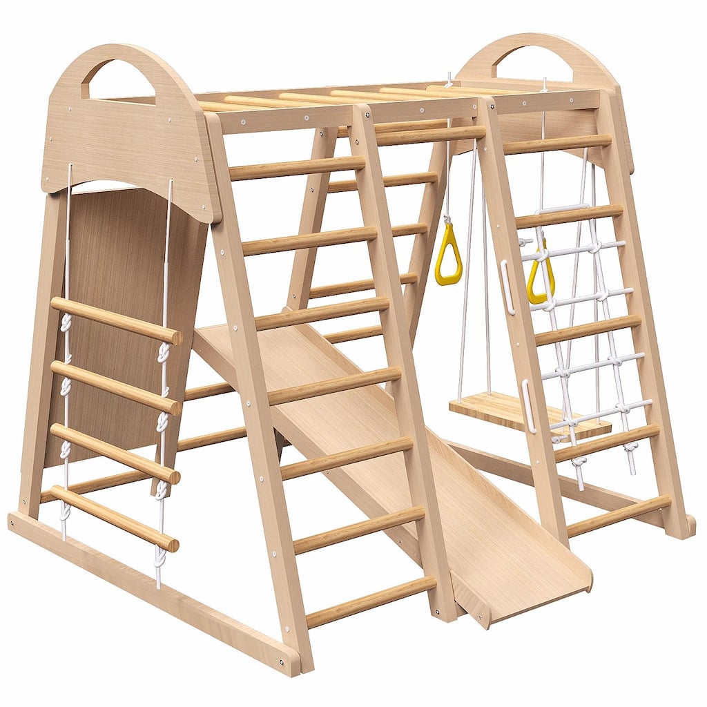 Kids 7-in-1 Natural Wood Indoor Play Gym Safe Playset for Motor Skills and Physical Activity Fun - 55.2”L x 47.3”W x 47.3”H