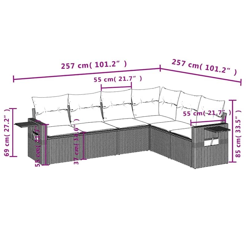 vidaXL 6 Piece Patio Sofa Set with Cushions Black Poly Rattan