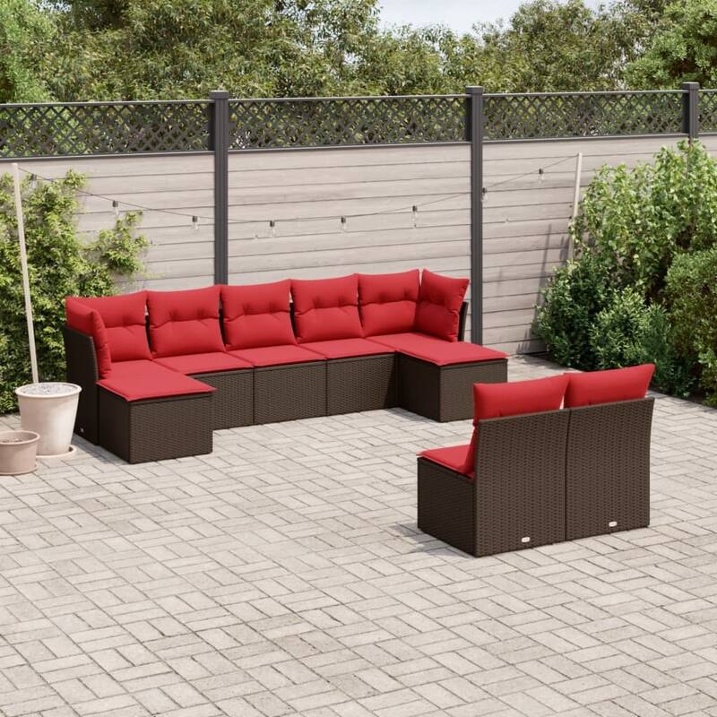 vidaXL 9/10 Piece Patio Sofa Set with Cushions Black/Brown/Gray Poly Rattan - 21.7 x 24.4 x 27.2 - Brown and red Without table