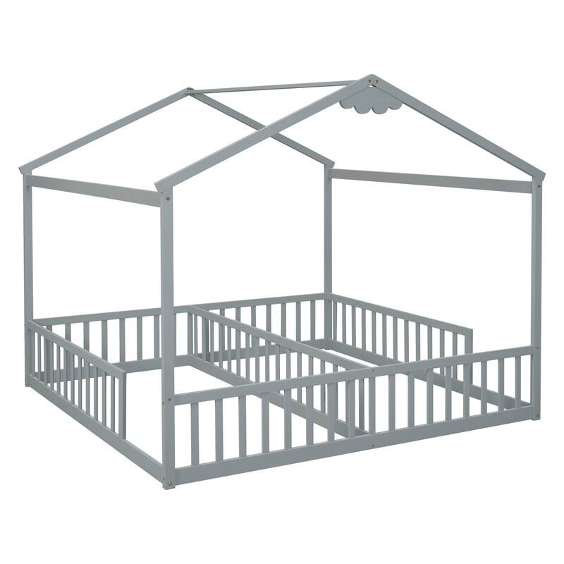 House-Style Double Twin Size Floor Bed with Fence, Guardrails, without Door