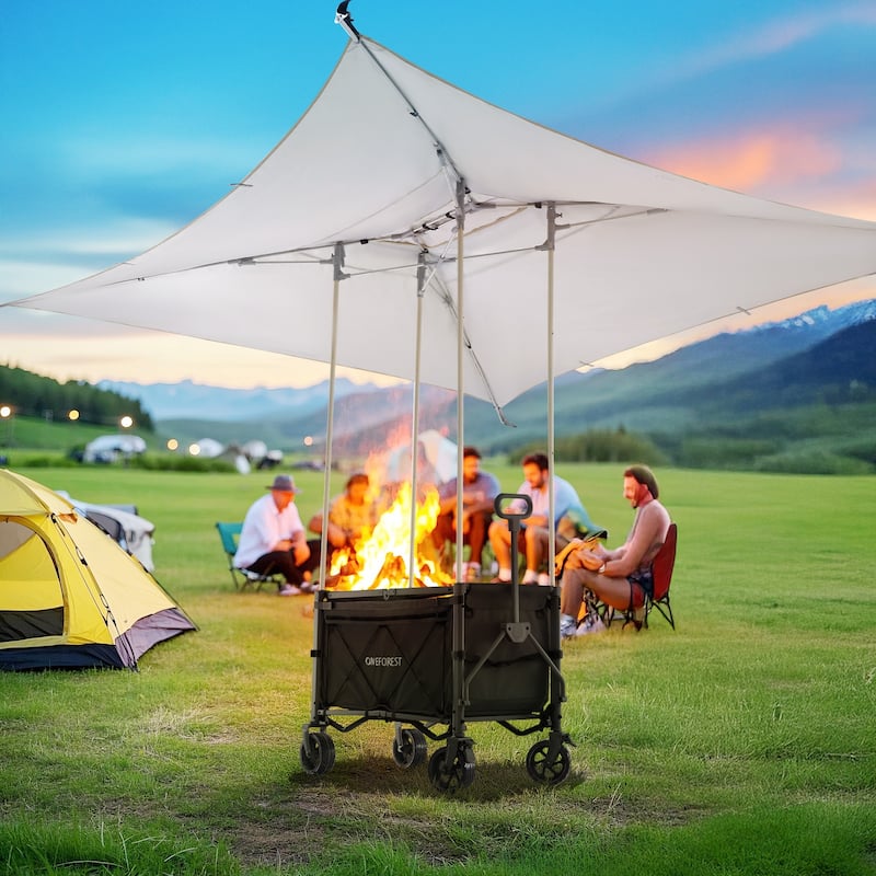 Foldable Camping Cart with Adjustable Handle, Bamboo Tabletop, Foldable storage, and Waterproof Oxford Canopy