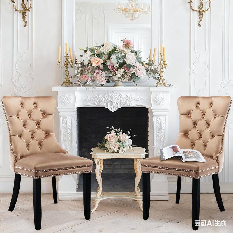 High-end Tufted Velvet Upholstered Nailhead Dining Chair Set of 6 - Set of 2 - Khaki
