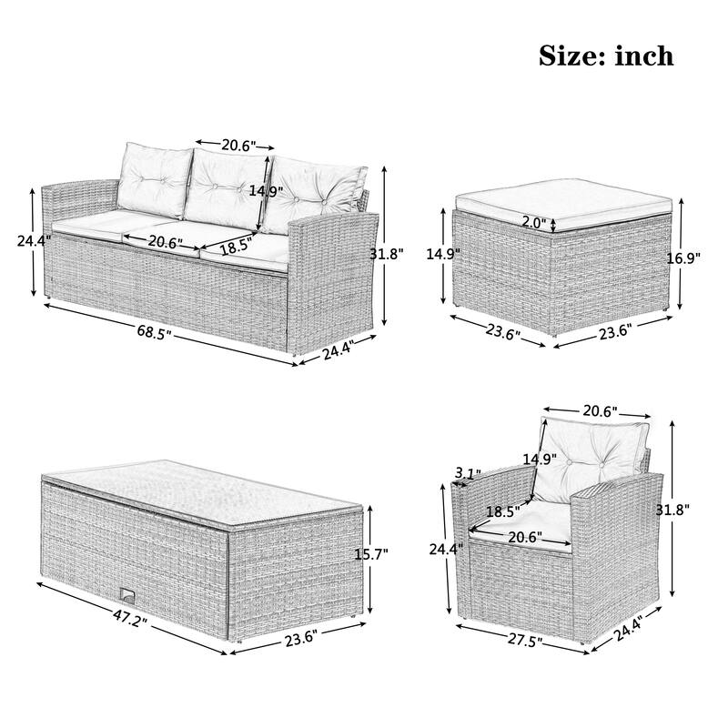 6 Piece All Weather Wicker PE Rattan Conversation Sectional Sofa Set with Storage Coffee Table and Removable Cushions