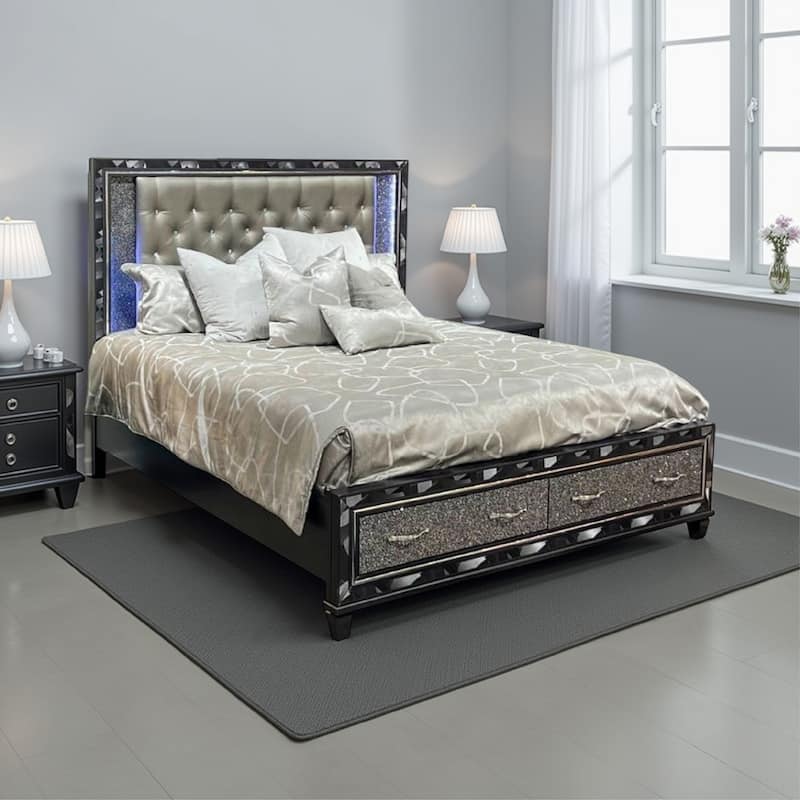 Bet Queen Bed, Storage Drawers, Silver Faux Leather Upholstery, LED, Black