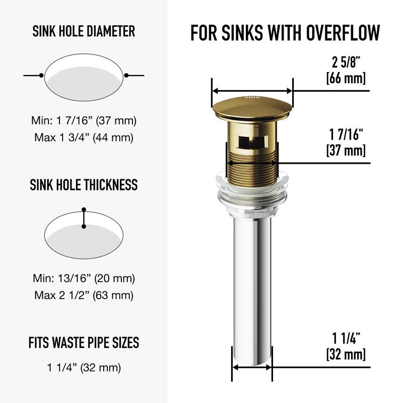 VIGO 1.75" W Bathroom Sink Pop-Up Drain