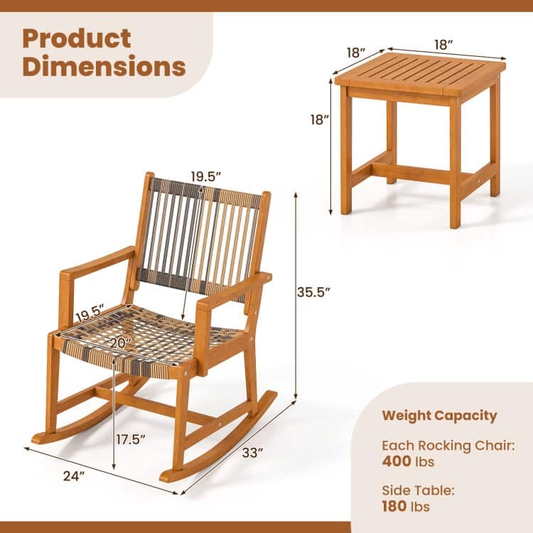 3 Piece Brown and Grey Rattan Wood Rocking Chair Set with Side Table Outdoor - Chair: 33" x 24" x 35.5"