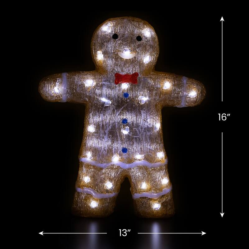16" LED Acrylic Gingerbread Man Bow Tie Outdoor Christmas Decoration - Brown