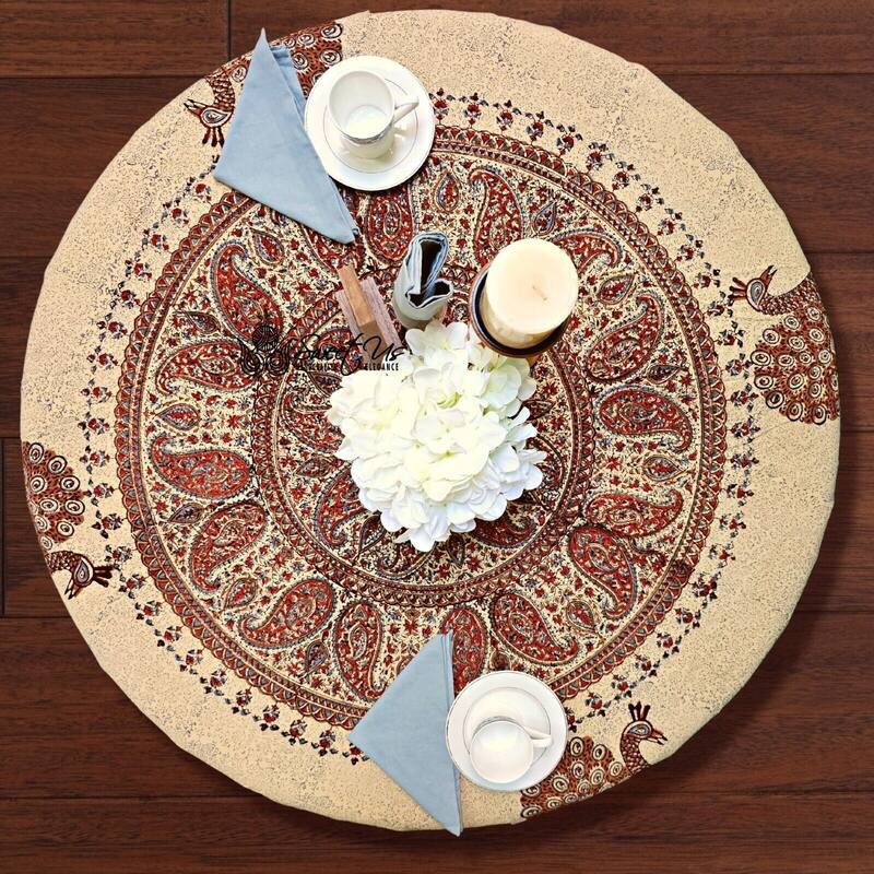 Block Print Veggie Dye Peacock Paradise Paisley Tablecloth Collection