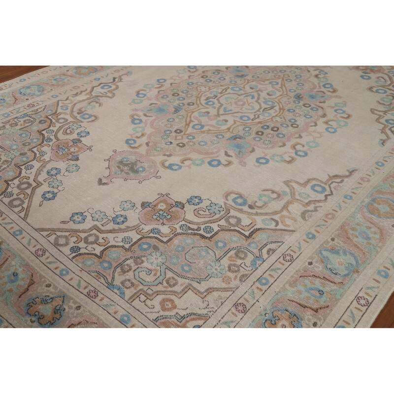 Beige / Ivory Medallion Tabriz Persian Rug Hand-Knotted Wool Carpet - 8'0"x 11'4"