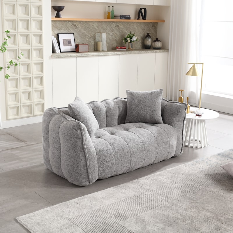 Chenille Bean Bag Sofa w2 Pillows Upholstered Loveseat, Deep Seat Sofa for Living Room Sleeper Recliner Sofa Couch