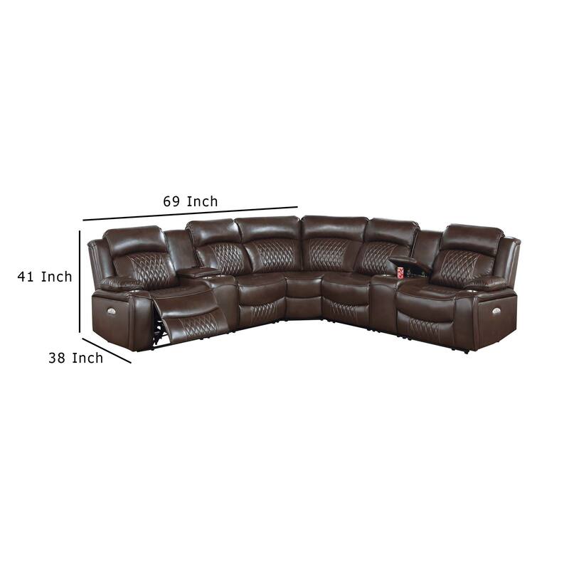 Ina Power Sectional Recliner L Shape Sofa, Console, Brown Faux Leather