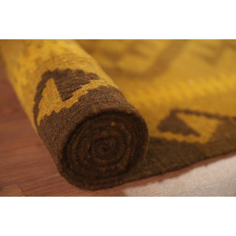 Hand Woven Oriental 100% Wool Carpet Southwestern Geometric Yellow & Gold Kilim Area Rug - 9' 8'' X 6' 6''