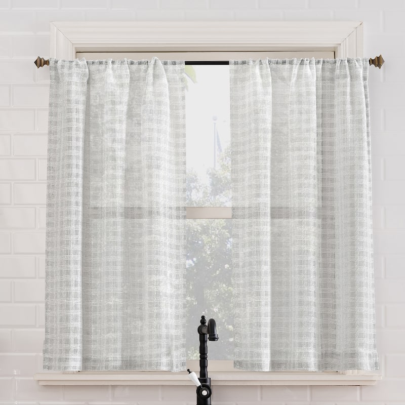 No. 918 Tayen Slub Windowpane Semi-Sheer Rod Pocket 2-Piece Kitchen Curtain Tier Pair - 54" x 36" - 54" x 36" - Silver