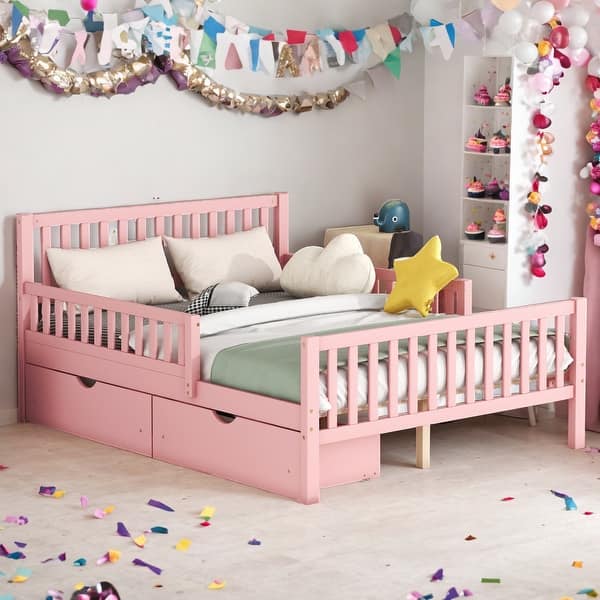 slide 2 of 9, Wooden Full Size Platform Bed with 2-Drawers and Guardrails, Pink Pink