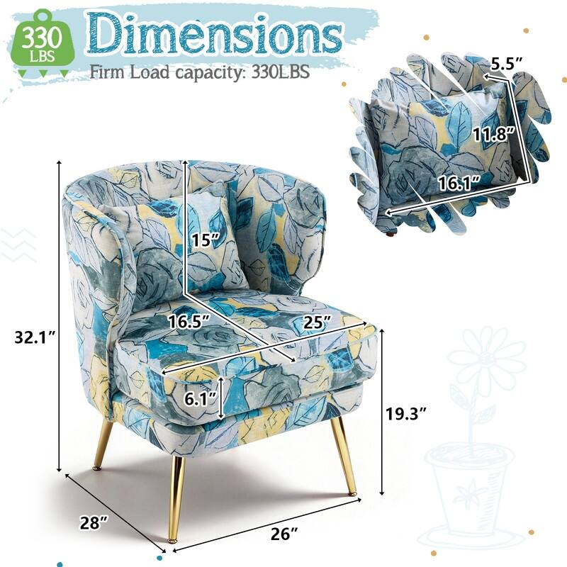 Mid Century Modern Upholstered Reading Chair with Lumbar Pillow, Gold Metal Legs, Small Space Friendly for Living Room Bedroom