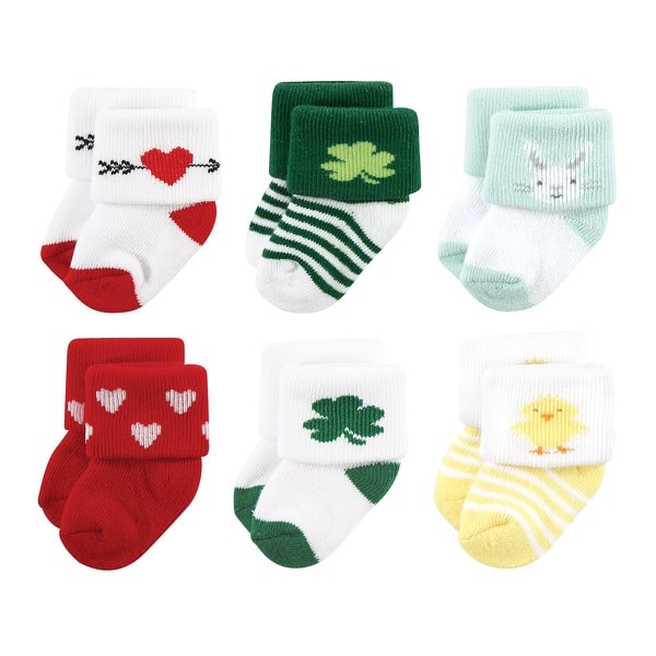 slide 1 of 1, Hudson Baby Unisex Baby Holiday Newborn Terry Socks, Valentine Easter 0-6 Months - Valentine Easter